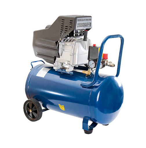 blue diesel air compressor with wheels and a handle